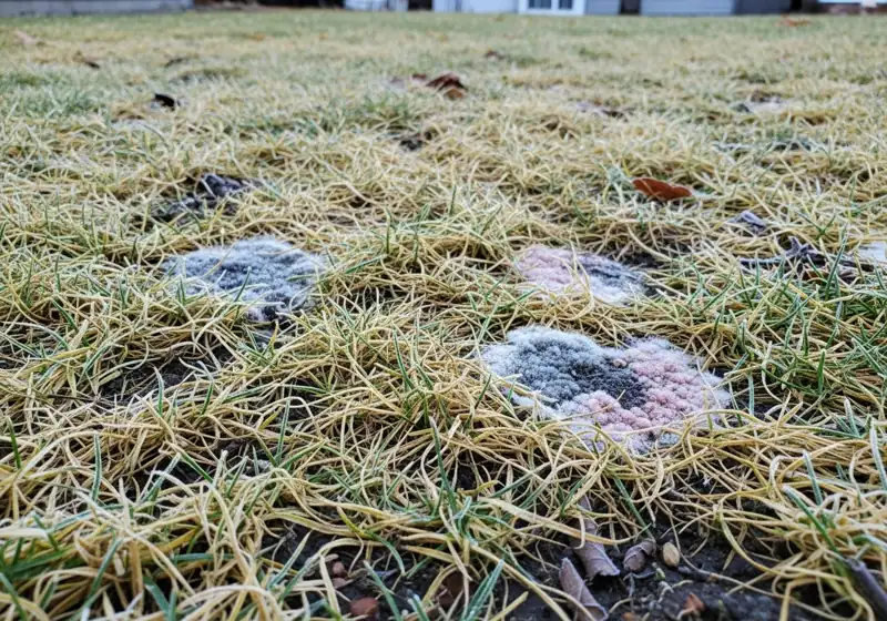 Brown damaged grass path from repeated winter foot traffic on frozen lawn showing why to avoid walking on dormant grass