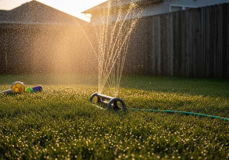 Residential lawn being watered deeply at sunrise showing proper summer lawn care irrigation timing and technique