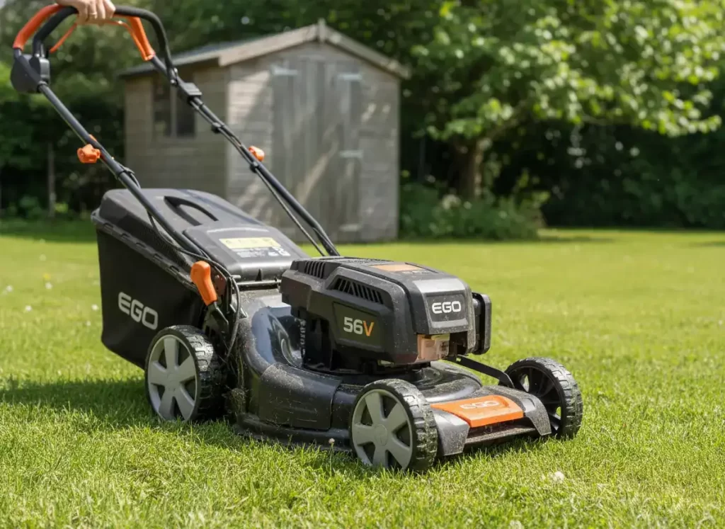 Ego Power+ 56 volt battery self propelled lawn mower with lithium battery showing zero maintenance electric power system