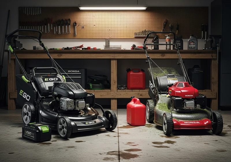 Electric lawn mower comparison versus gas showing power, runtime, maintenance, noise levels and environmental impact differences