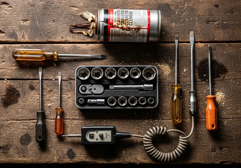 Complete small engine repair tool kit including socket set carburetor cleaner spark tester and wrenches