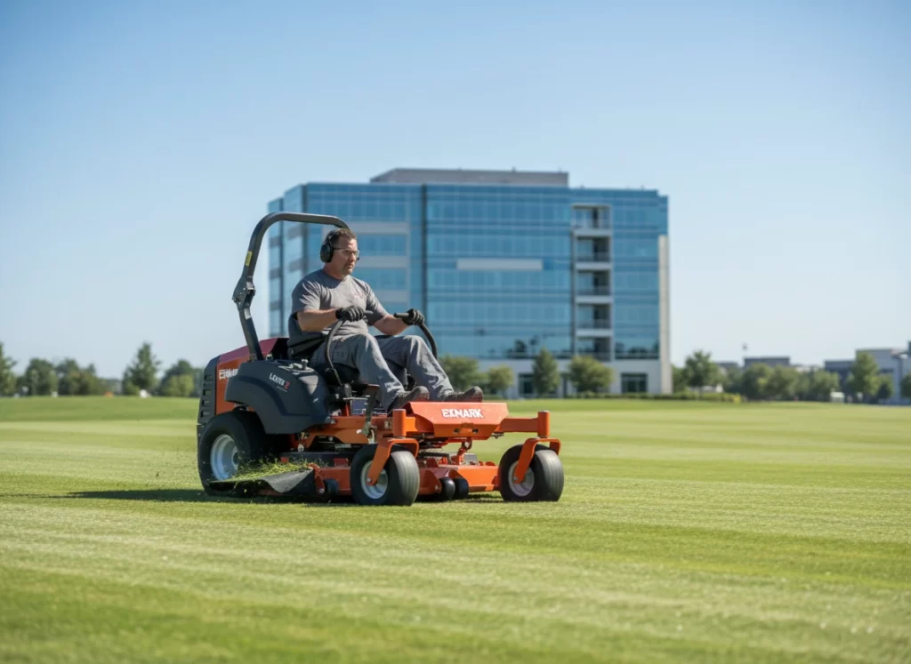 Professional operator using Exmark Lazer Z commercial zero turn mower on commercial property