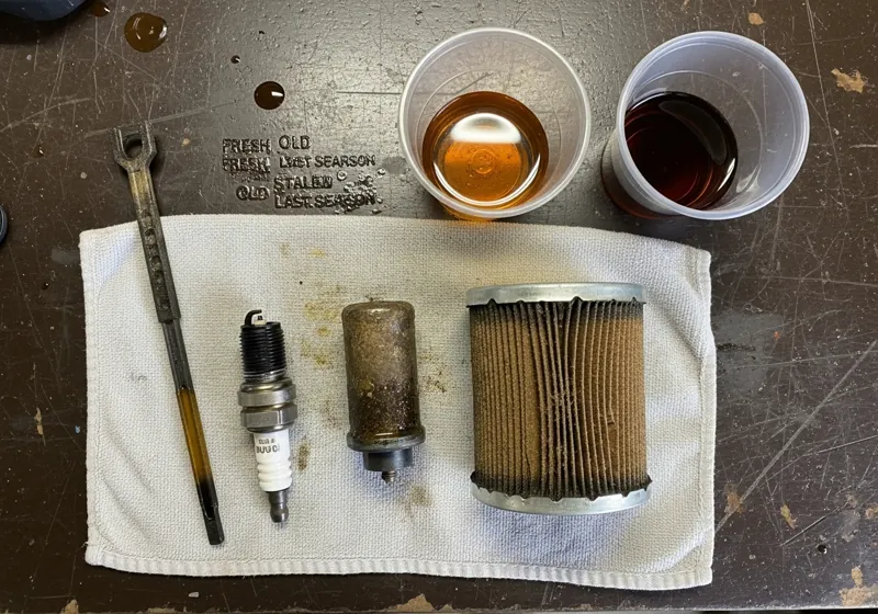 Overhead photo showing the four most common reasons a mower won't start including bad fuel, dirty air filter, fouled spark plug, and low oil on workbench