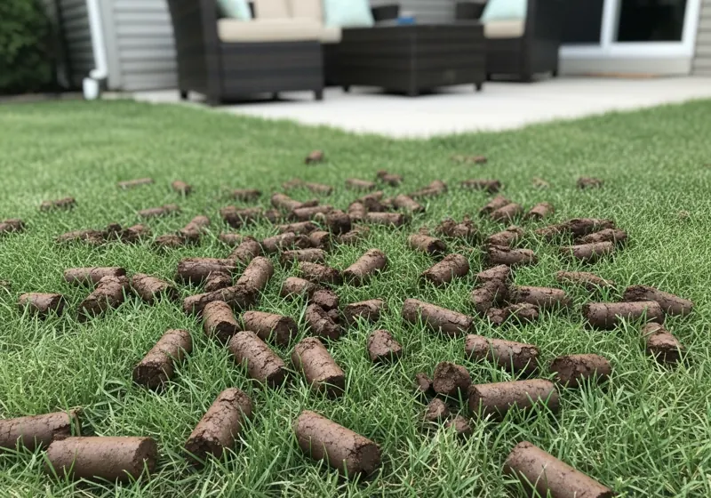 Real lawn showing scattered soil plugs after core aeration revealing compacted clay soil removal for better water absorption