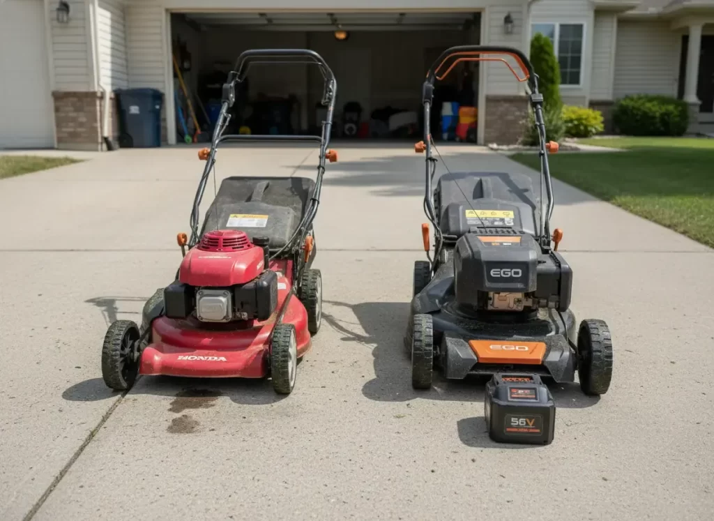 Comparison between top rated gas self propelled lawn mowers and best battery self propelled lawn mowers showing power type differences