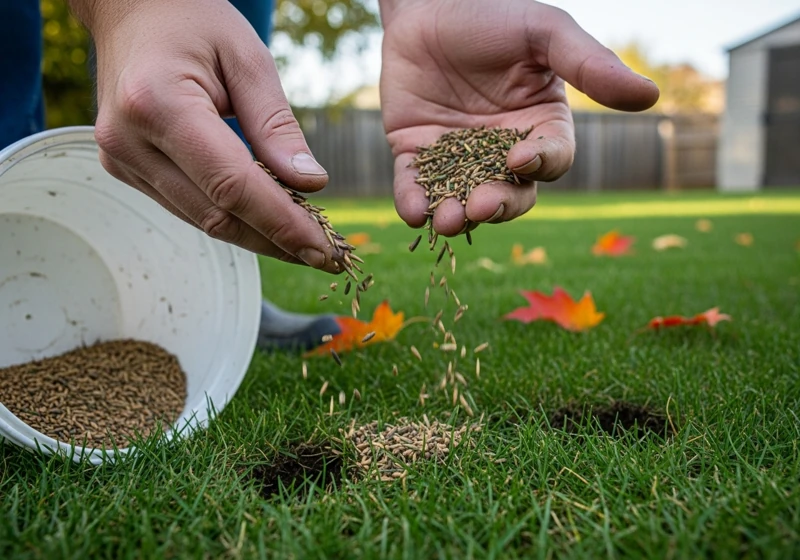 Hands spreading grass seed into aerated lawn with fall leaves showing proper fall overseeding technique for thick spring lawn