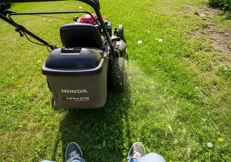 Honda HRN 216 push mower in action cutting thick grass with side discharge visible