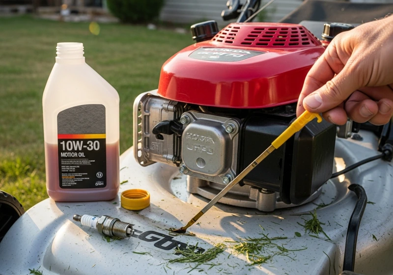 Honda GCV170 engine oil dipstick check and maintenance supplies for HRN lawn mower