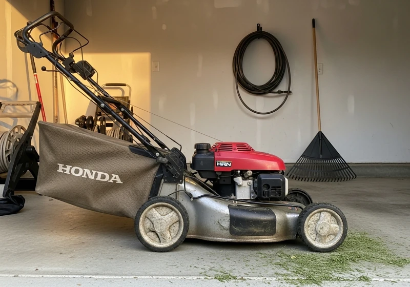 Well maintained Honda HRN push mower stored in residential garage showing real world condition after months of use