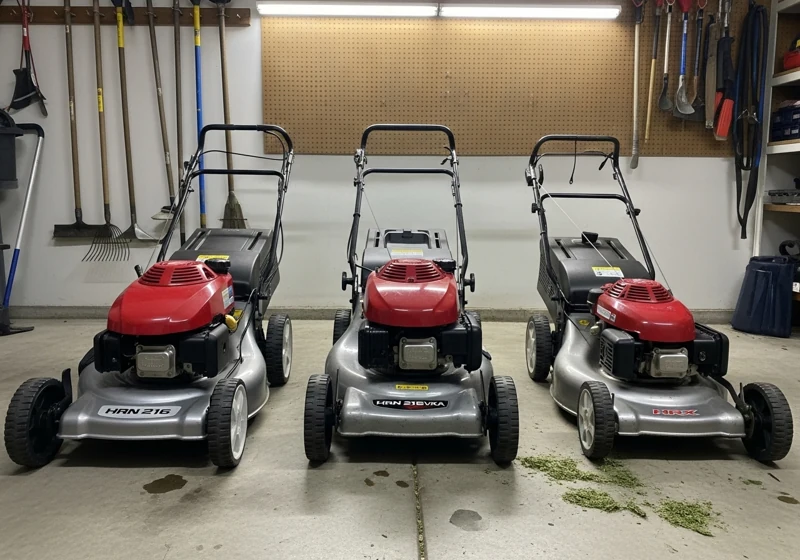 Three Honda HRN lawn mower models compared side by side showing differences between base model and upgraded versions