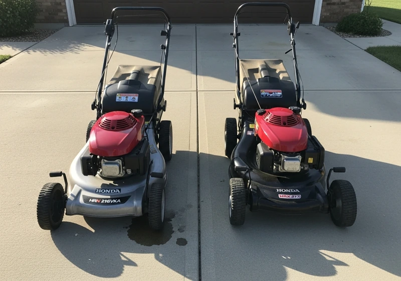 Honda HRN and HRX lawn mowers compared side by side showing differences in deck size and features