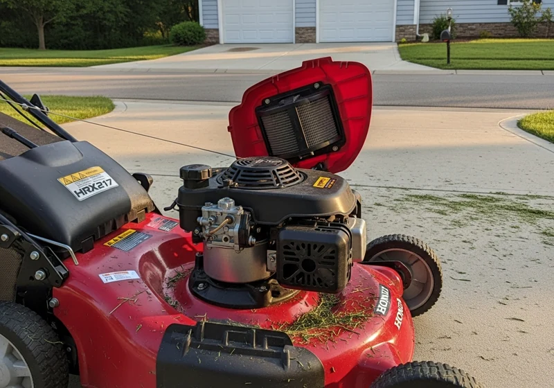 Honda HRX217 lawn mower carburetor with air filter removed showing auto-choke mechanism location