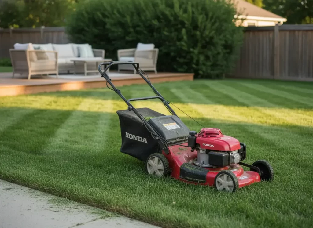 Honda HRX217VKA self propelled lawn mower with variable speed drive system and GCV200 engine on residential lawn