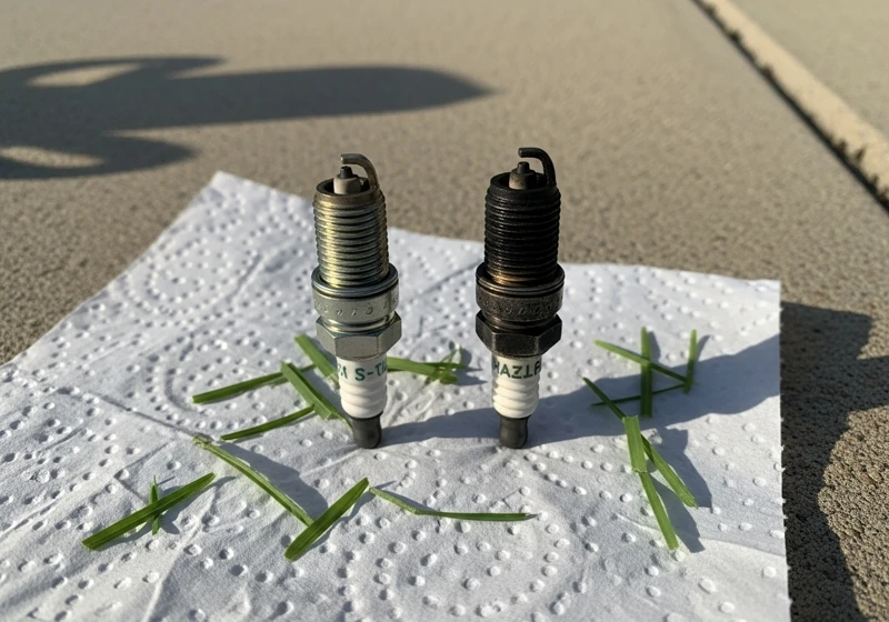 Good spark plug vs bad spark plug comparison showing carbon buildup and proper condition for small engine repair