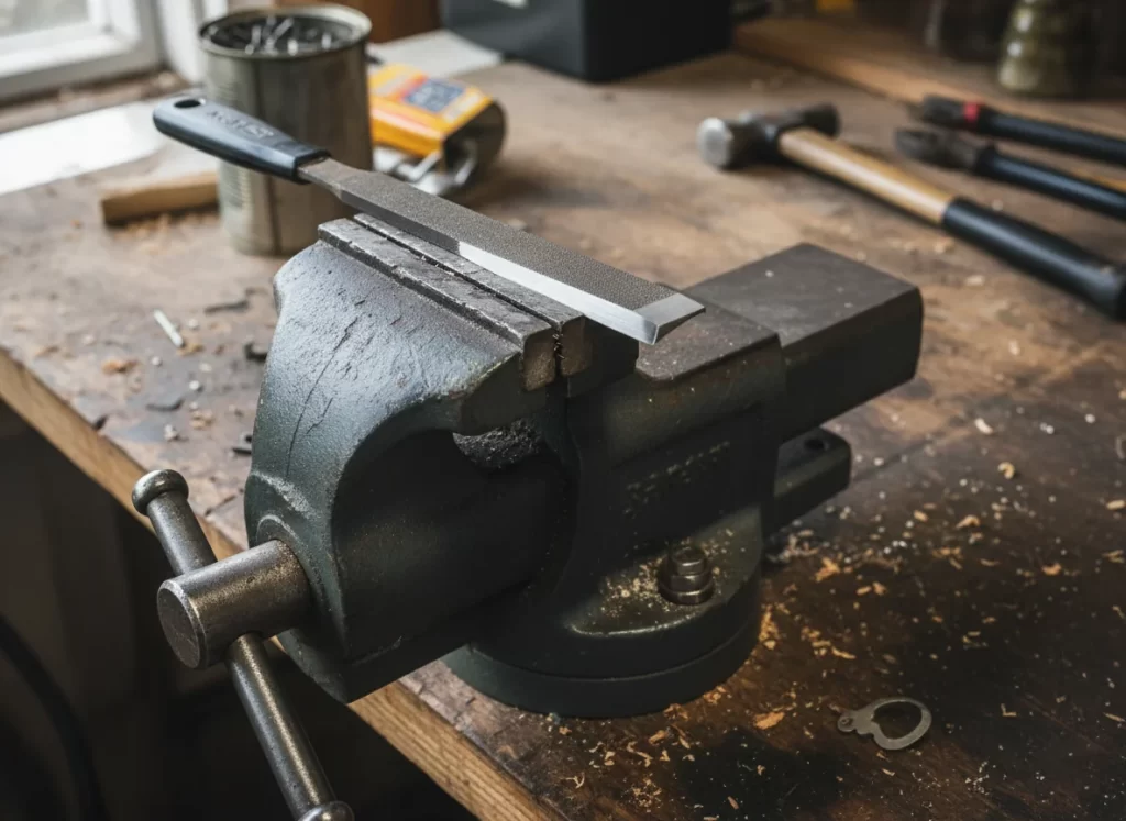 Lawn mower blade sharpening process showing blade in vise with file and balancing tool for spring maintenance