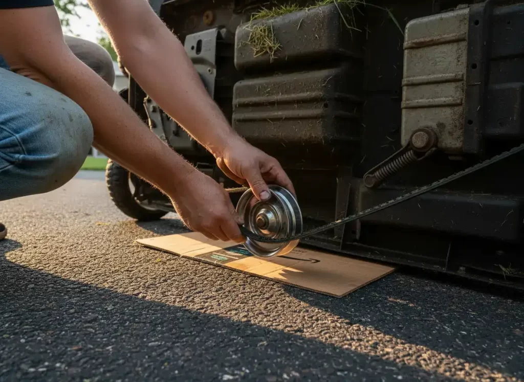 Real hands routing belt through deck pulleys outdoors