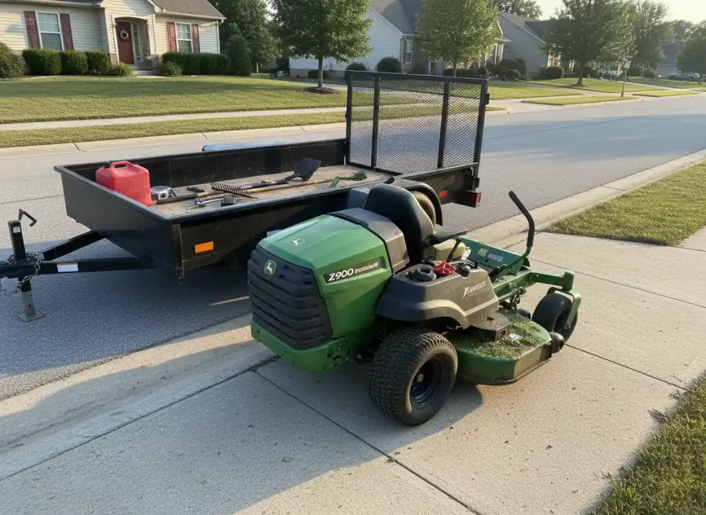 John Deere Z900 commercial zero turn mower at landscaping job site with equipment trailer