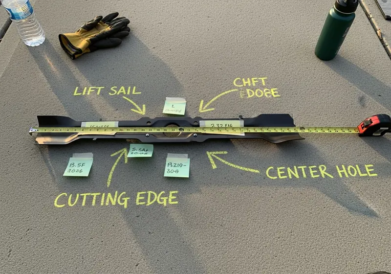 Lawn mower blade anatomy showing cutting edge, sail, and center hole