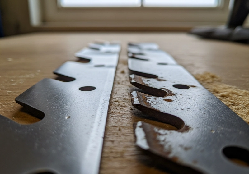 High-carbon steel blade edge versus worn standard steel blade comparison