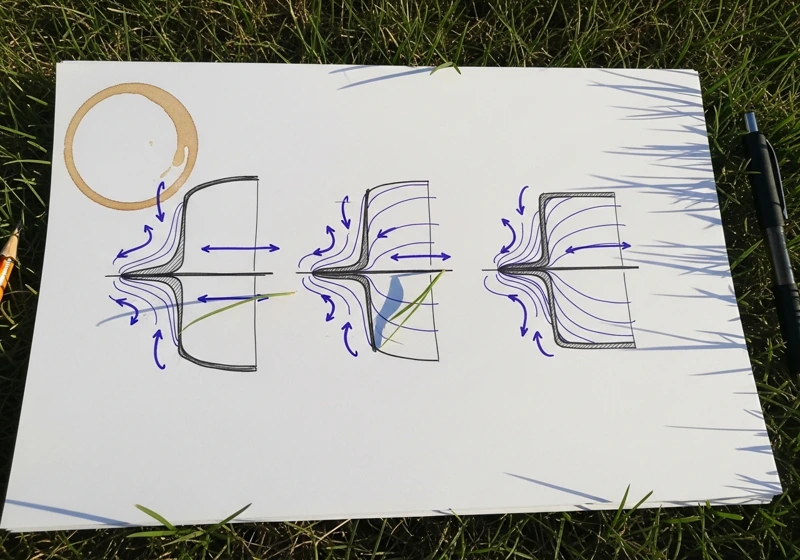 Diagram showing mulching, bagging, and side discharge blade airflow patterns