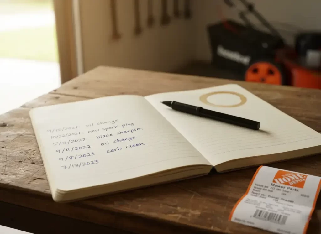 Mower maintenance log showing service history