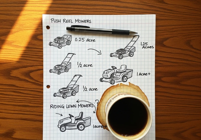 Lawn mower types comparison chart showing recommended yard sizes for manual reel, gas, electric, riding tractor and zero-turn mowers