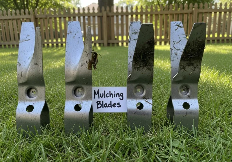 Two different sets of zero turn mower blades on lawn showing mulching blade curved design versus high-lift blade upward angle design for seasonal swapping