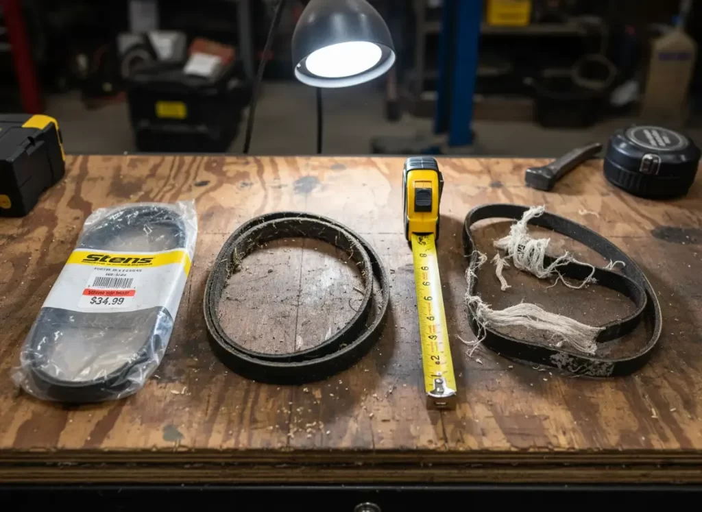 Three real mower belts on workshop bench showing age