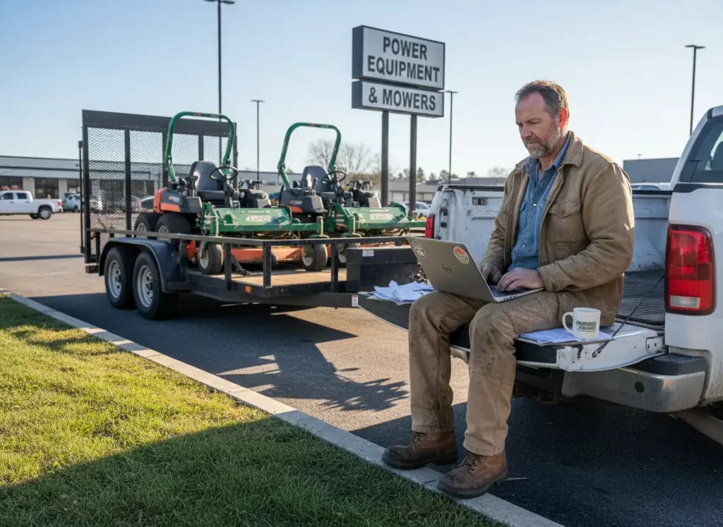 Landscaping business owner reviewing commercial mower purchase options and financing paperwork