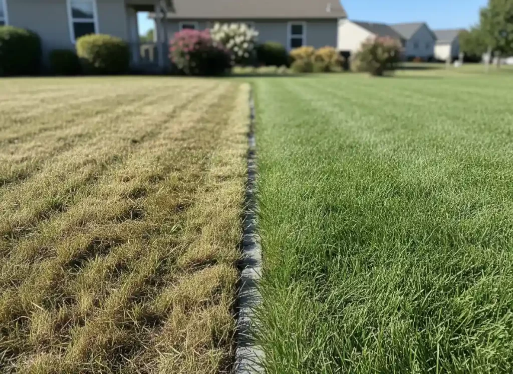 Side by side comparison of improper low mowing height versus correct 3 inch spring grass cutting height