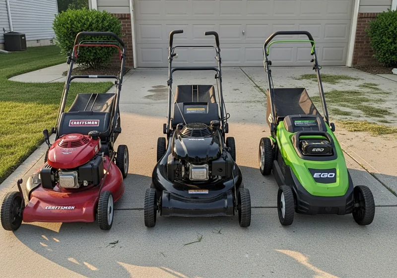 Push mower comparison showing manual push, self-propelled gas, and battery-powered electric lawn mowers on residential driveway