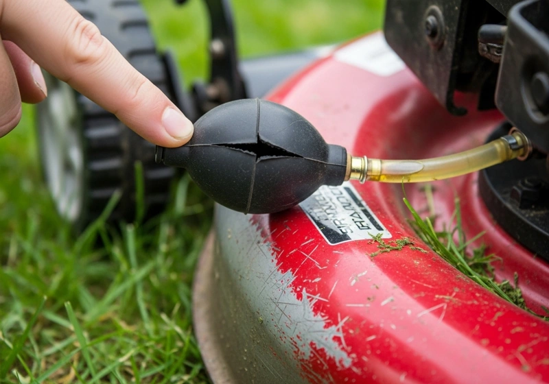 Close-up of cracked push mower primer bulb with visible fuel line showing common failure point that prevents starting