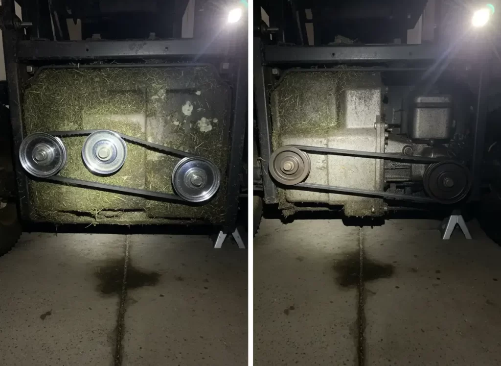 Actual mower belt systems underneath comparison
