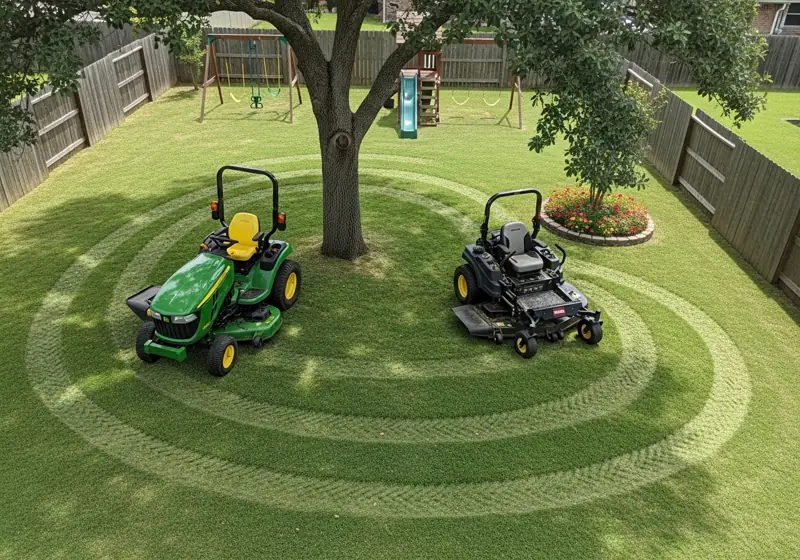 Riding lawn tractor versus zero-turn mower comparison showing turning radius differences and maneuverability on residential property