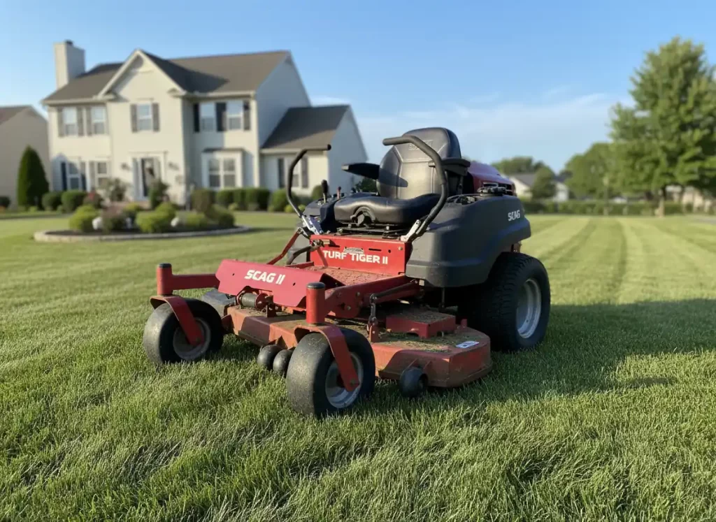 Scag Turf Tiger commercial zero turn mower on residential lawn showing cutting performance