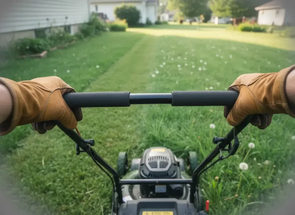 Lawn mower self-propulsion handlebar controls in use
