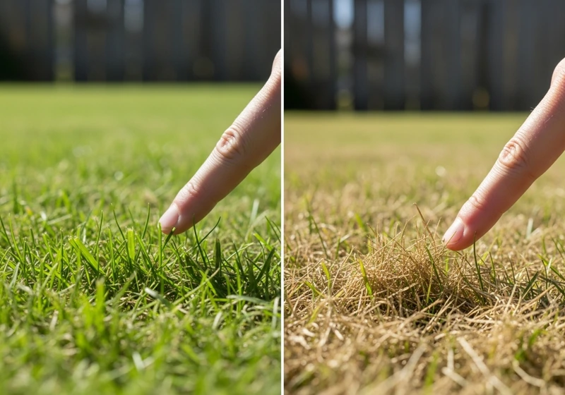 Side by side comparison of clean grass cuts from sharp mower blade versus torn brown tips from dull blade on real lawn