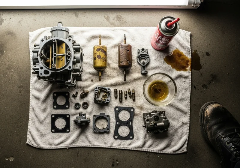 Disassembled small engine carburetor showing bowl jets gaskets and parts for DIY cleaning and repair