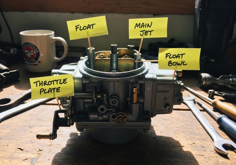 Labeled small engine carburetor on workbench showing main components with handwritten notes