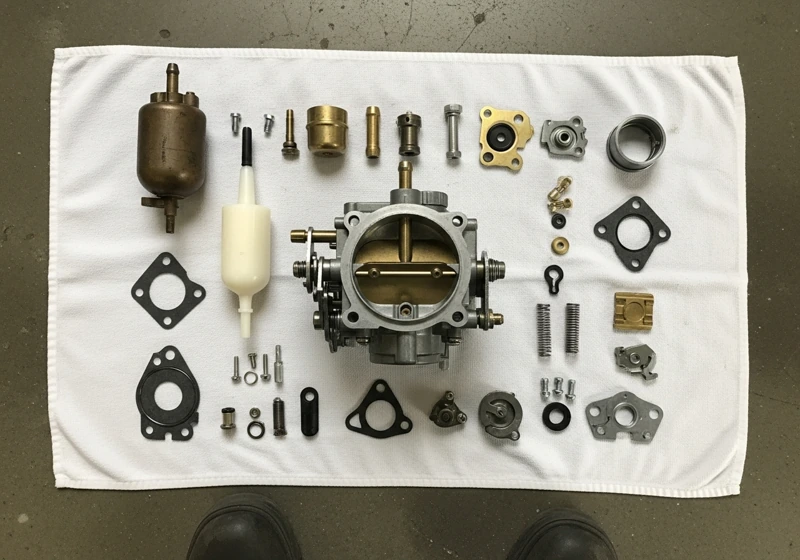 Disassembled small engine carburetor parts including float, jets, and gaskets laid out on shop towel in home garage