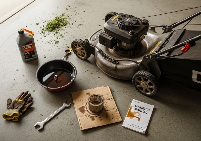 Lawn mower maintenance supplies and tools on garage floor for oil change