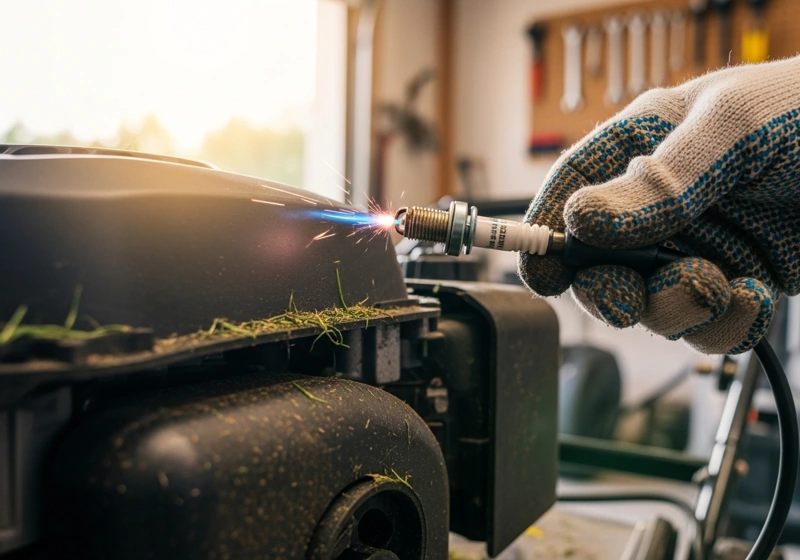 Close-up of hands testing a lawn mower spark plug against engine block showing bright blue spark indicating good ignition