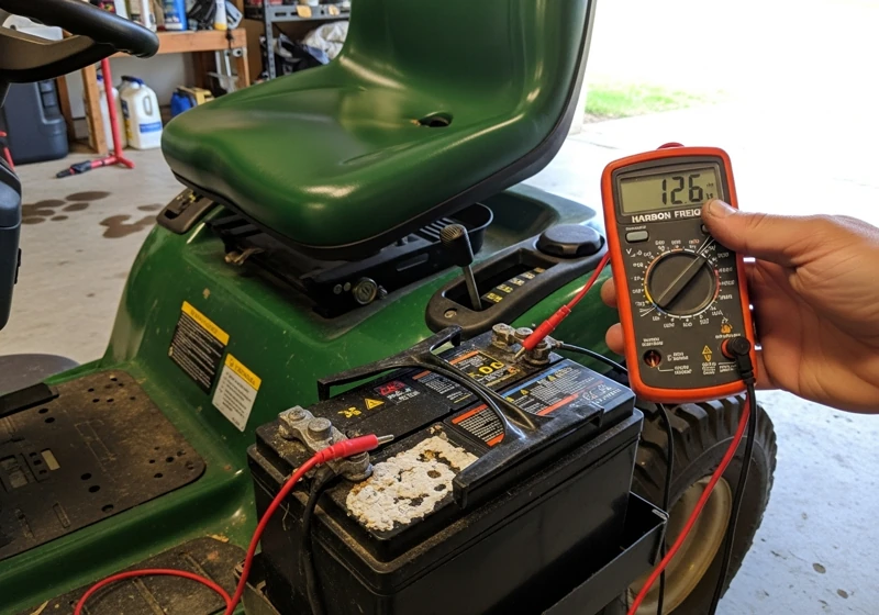 Digital multimeter showing 12.6 volt reading while testing riding lawn mower battery that won't start with corroded terminals visible
