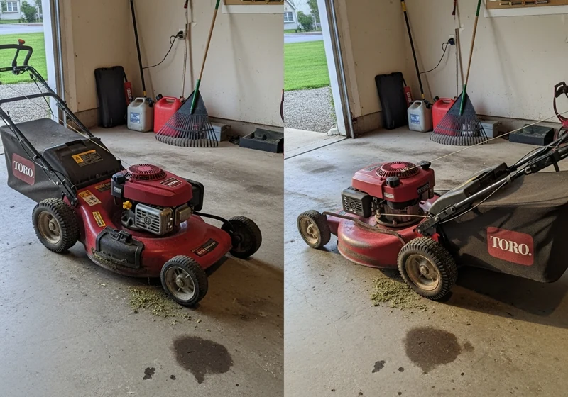 Toro Personal Pace push mower in residential garage showing primer bulb area that commonly causes starting problems