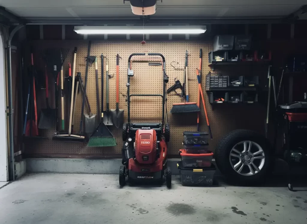 Toro Recycler 22 inch self propelled lawn mower with SmartStow vertical storage system in garage demonstrating space saving design