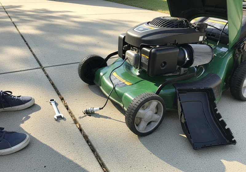 Removed spark plug and tools during lawn mower engine troubleshooting