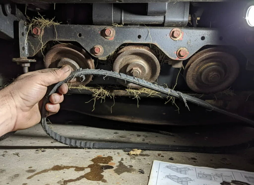 Worn Troy Bilt Pony deck belt during replacement