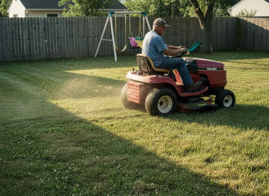 Troy Bilt Pony mowing lawn with side discharge