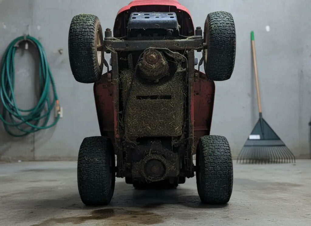 Troy Bilt Pony 42 deck underside with grass buildup