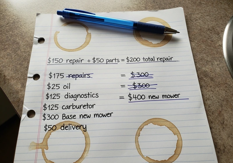 Small engine repair versus replacement cost comparison chart showing when to fix or buy new equipment